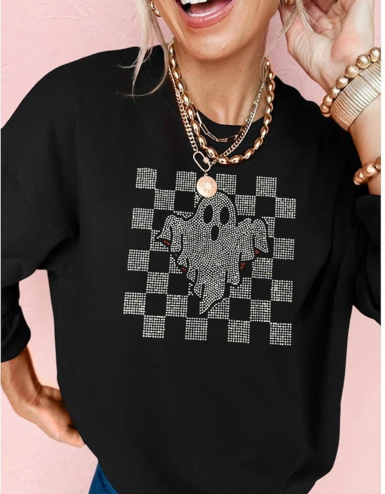 Black Rhinestone Checkered Halloween Ghost Drop Shoulder Sweatshirt