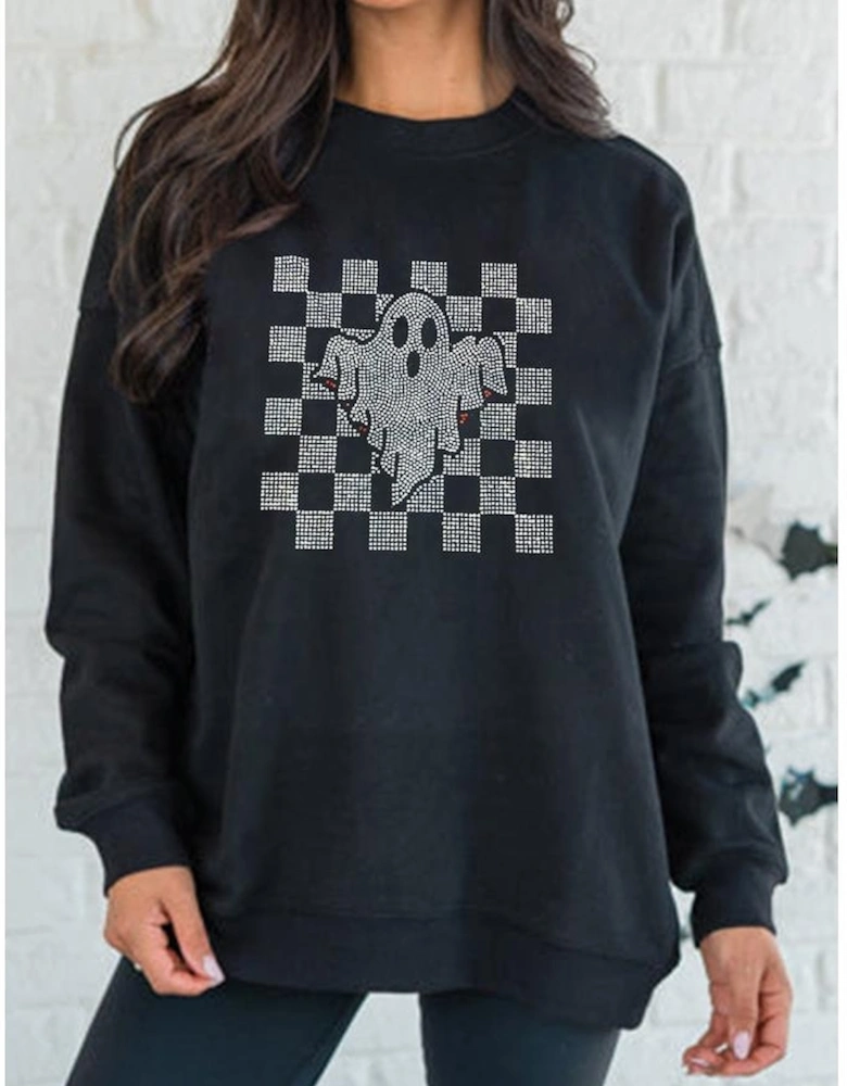 Black Rhinestone Checkered Halloween Ghost Drop Shoulder Sweatshirt