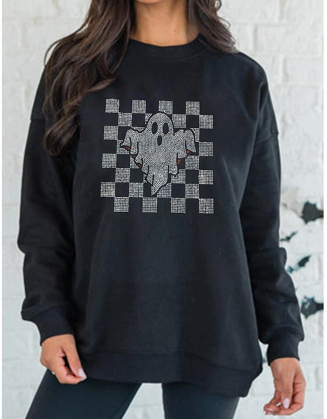 Black Rhinestone Checkered Halloween Ghost Drop Shoulder Sweatshirt, 6 of 5
