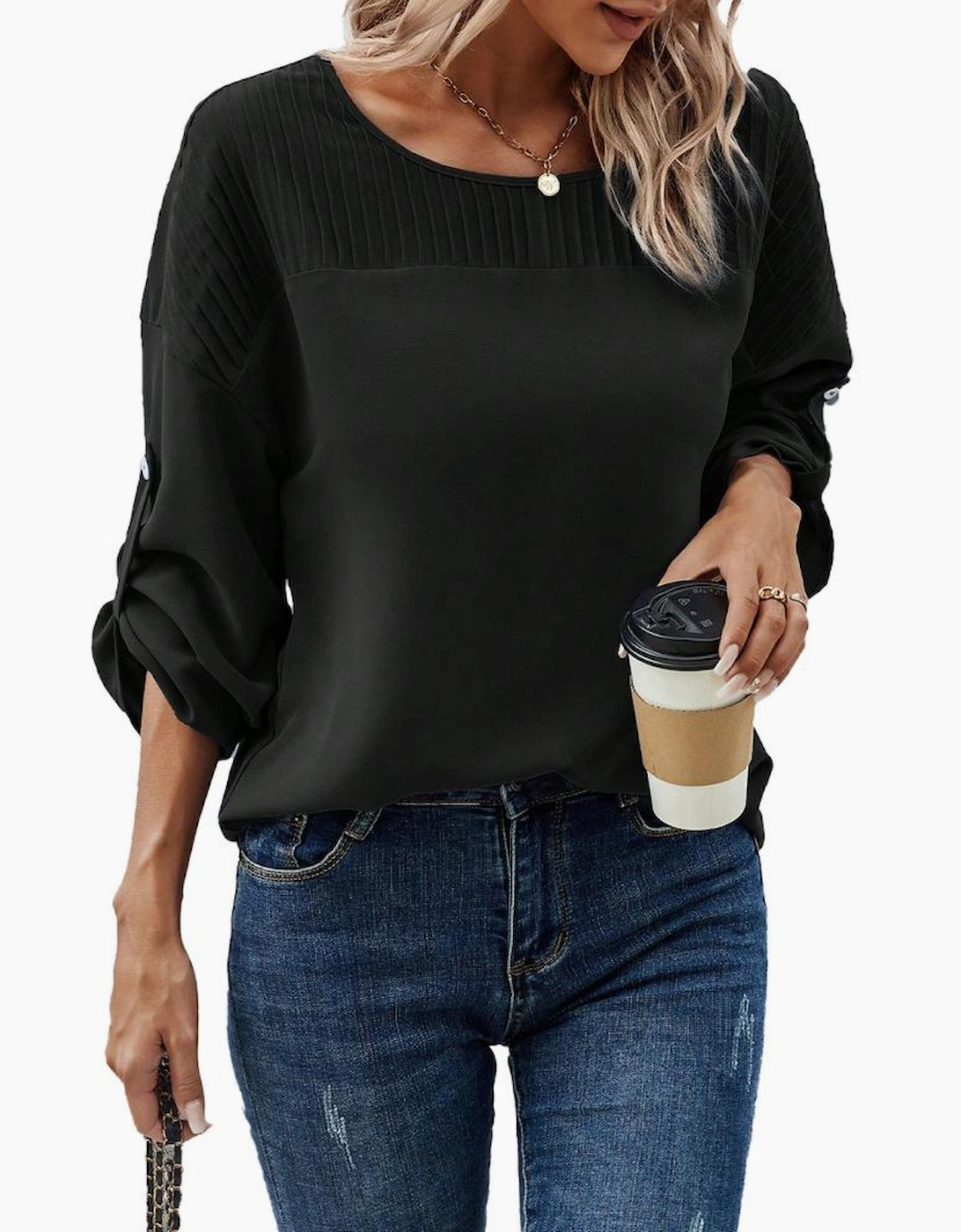 Azura Exchange Black Roll Up Sleeve Stitching Detail Blouse