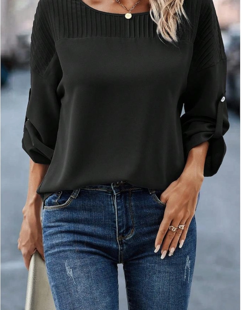 Azura Exchange Black Roll Up Sleeve Stitching Detail Blouse