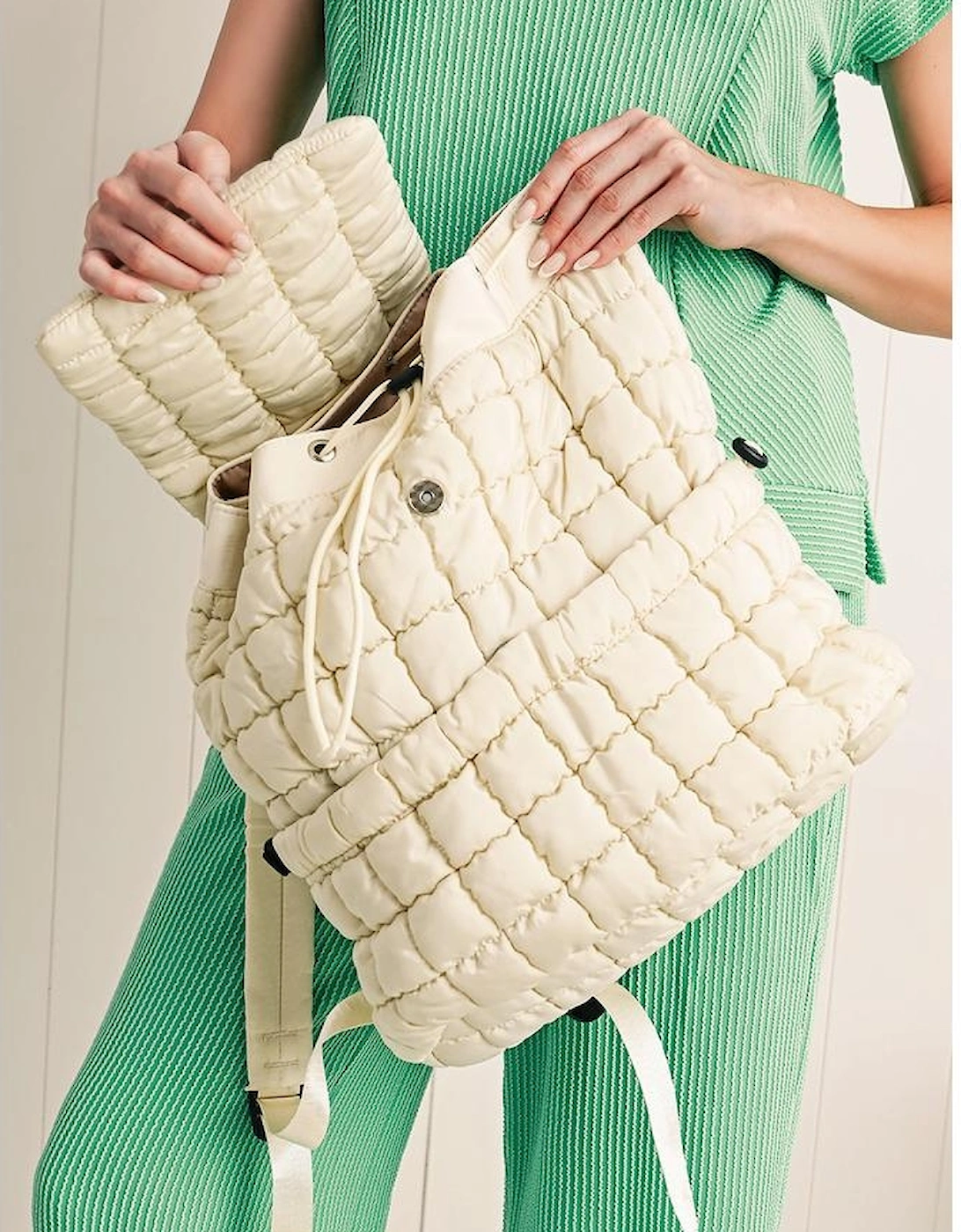 White Solid Flapped Quilted Puffer Backpack