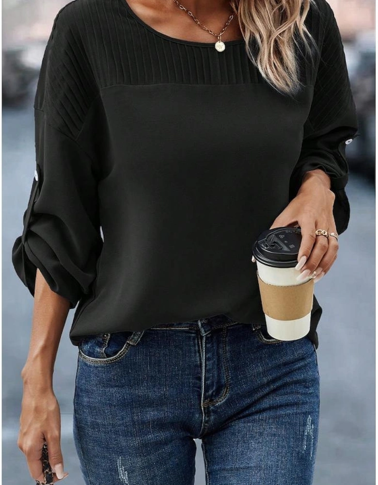 Azura Exchange Black Roll Up Sleeve Stitching Detail Blouse