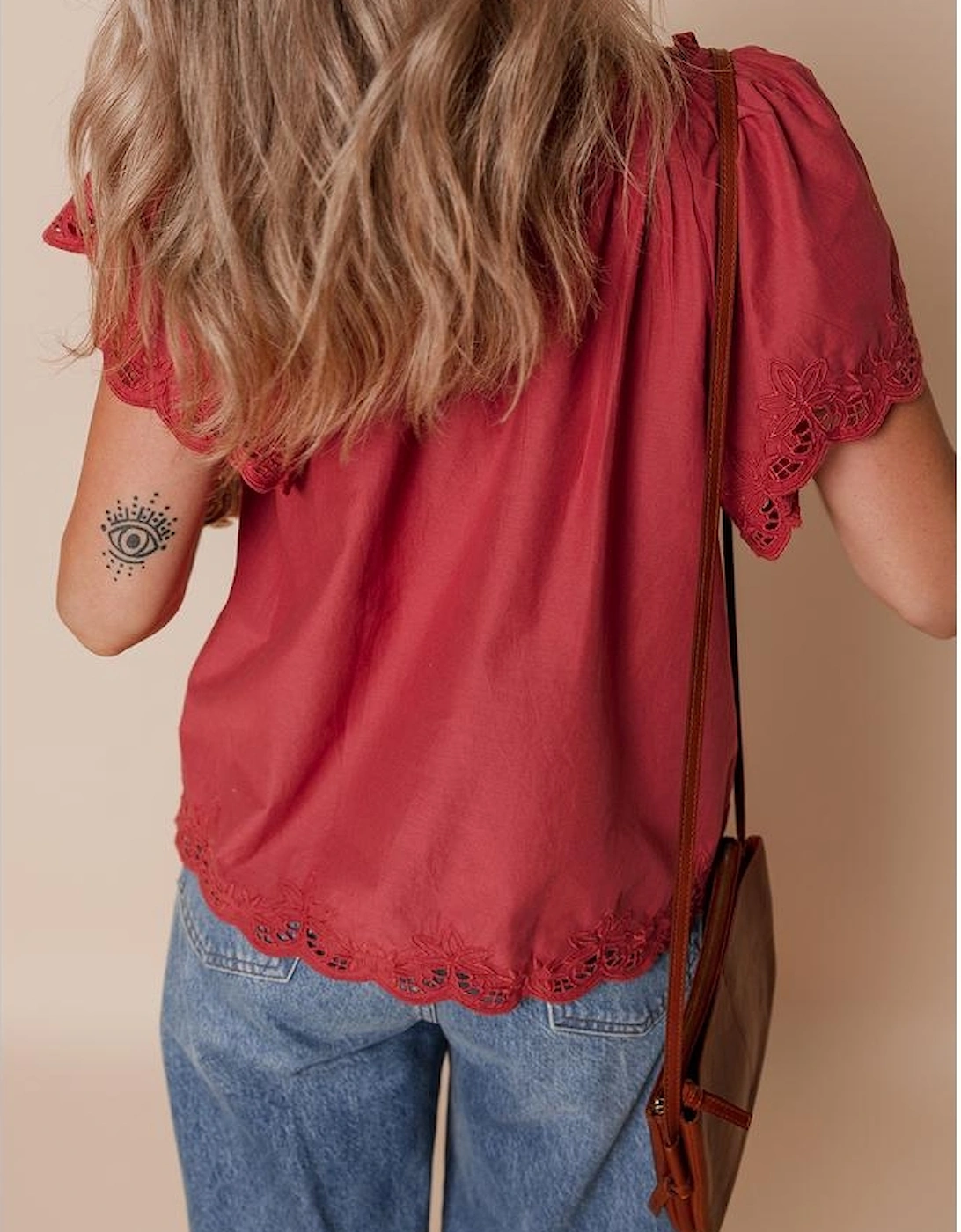 Red Dahlia Floral Embroidered Scallop Trim Short Sleeve V Neck Blouse, 16 of 15