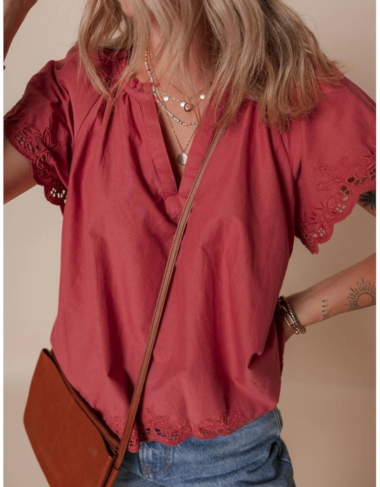 Red Dahlia Floral Embroidered Scallop Trim Short Sleeve V Neck Blouse