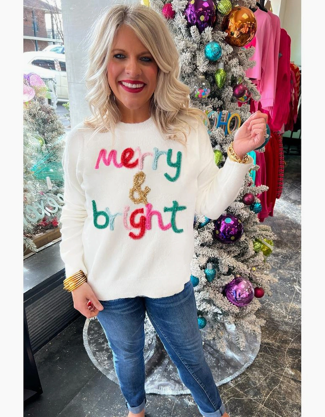 White Merry & Bright Round Neck Casual Sweater
