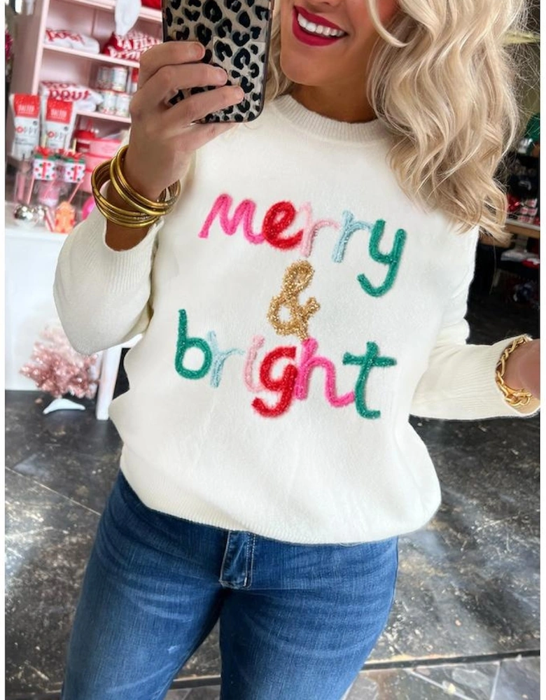 White Merry & Bright Round Neck Casual Sweater