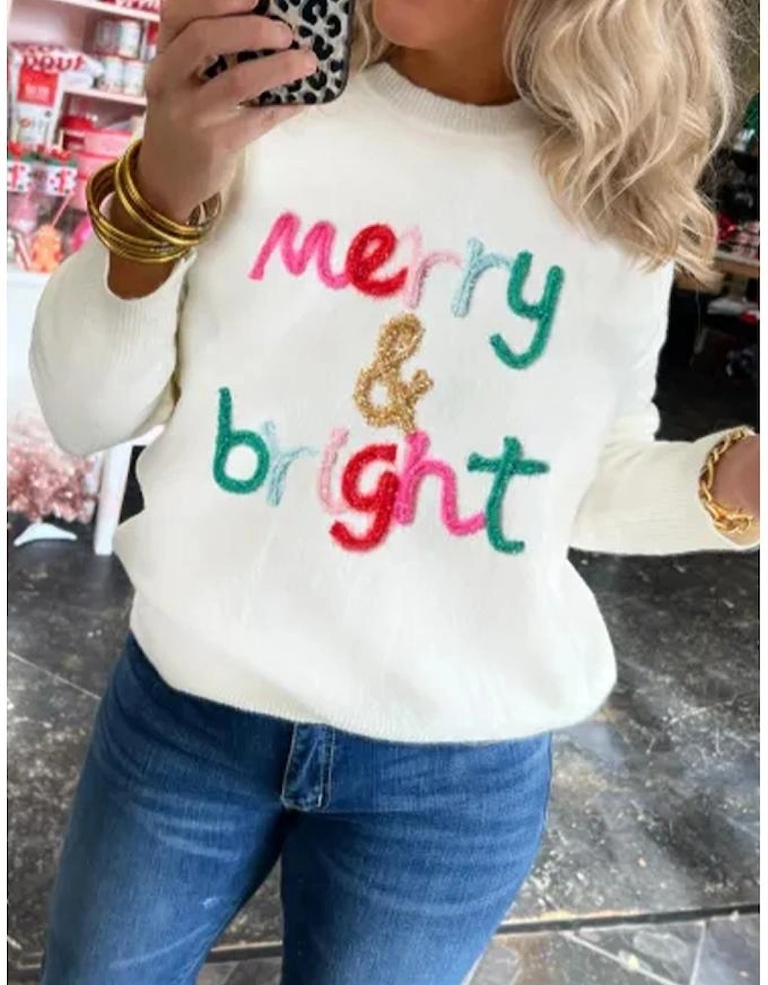 White Merry & Bright Round Neck Casual Sweater