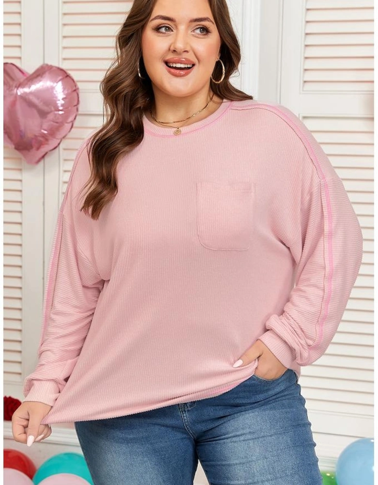 Bonbon Ribbed Exposed Seam Round Neck Chest Pocket Plus Knit Top