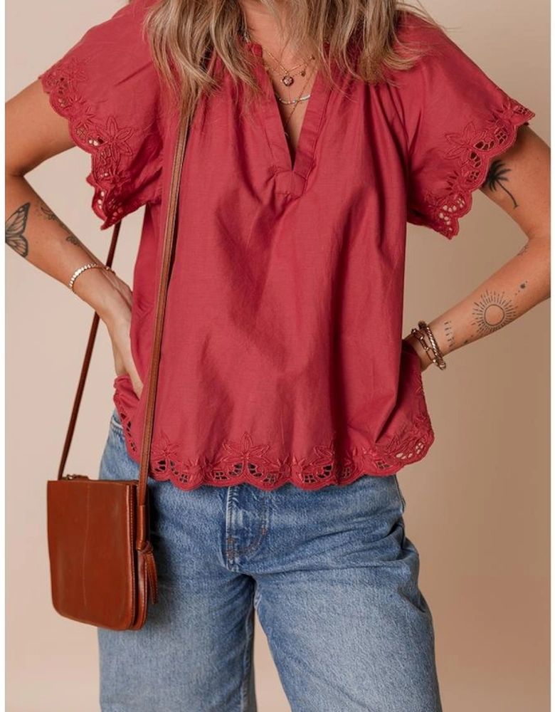 Red Dahlia Floral Embroidered Scallop Trim Short Sleeve V Neck Blouse