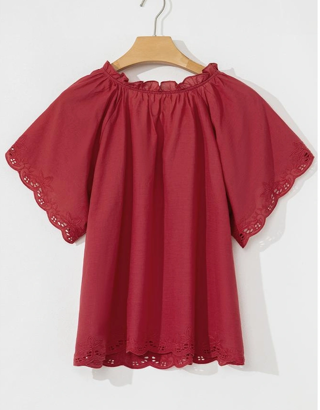 Red Dahlia Floral Embroidered Scallop Trim Short Sleeve V Neck Blouse