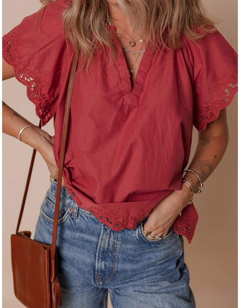Red Dahlia Floral Embroidered Scallop Trim Short Sleeve V Neck Blouse