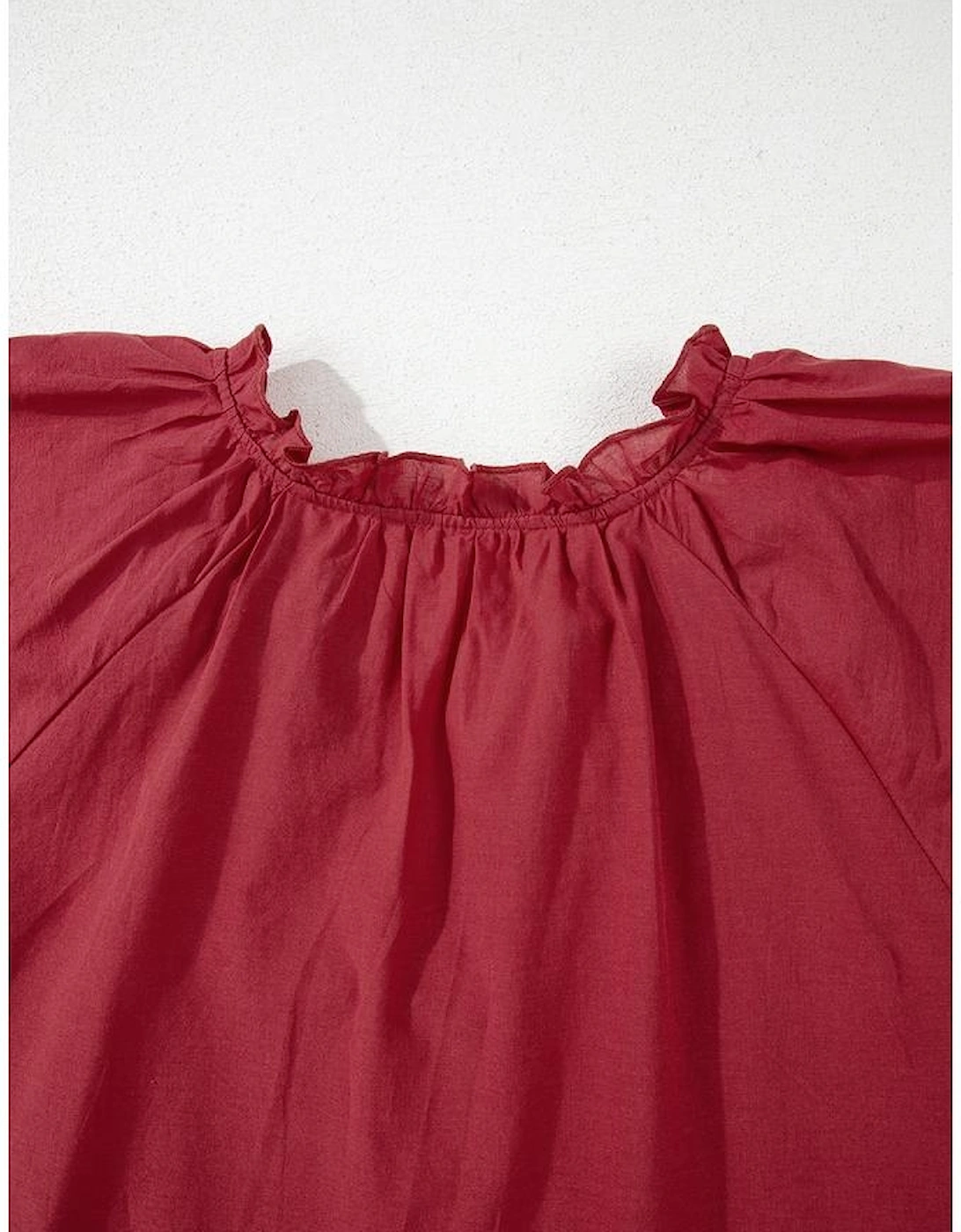 Red Dahlia Floral Embroidered Scallop Trim Short Sleeve V Neck Blouse