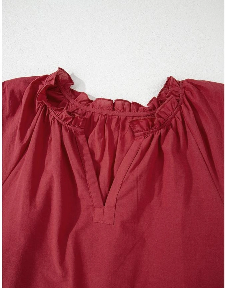 Red Dahlia Floral Embroidered Scallop Trim Short Sleeve V Neck Blouse