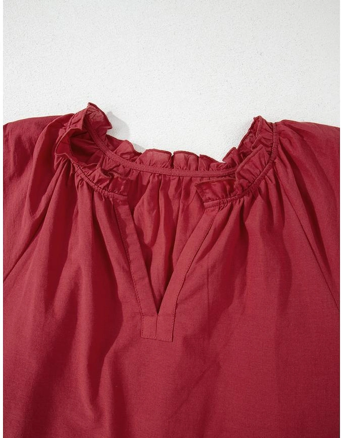 Red Dahlia Floral Embroidered Scallop Trim Short Sleeve V Neck Blouse