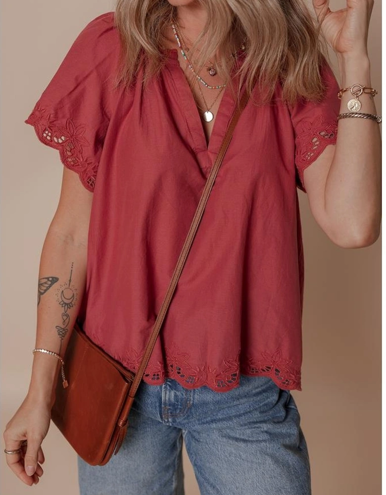 Red Dahlia Floral Embroidered Scallop Trim Short Sleeve V Neck Blouse