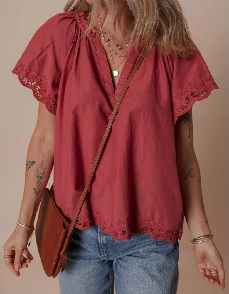 Red Dahlia Floral Embroidered Scallop Trim Short Sleeve V Neck Blouse