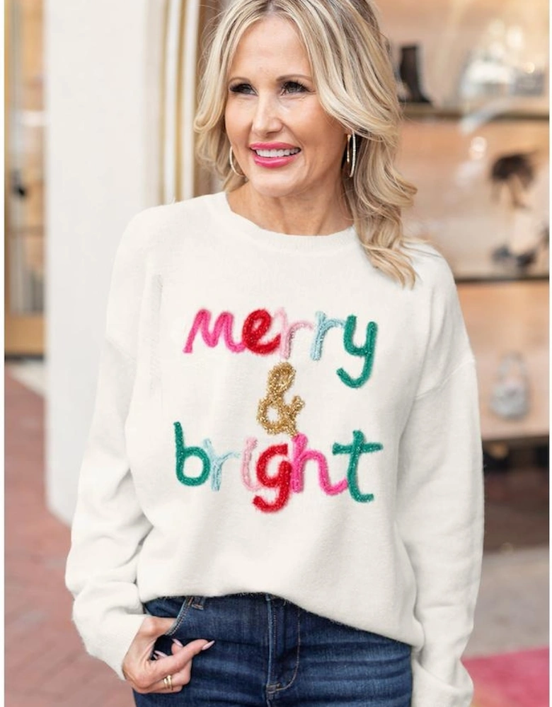 White Merry & Bright Round Neck Casual Sweater