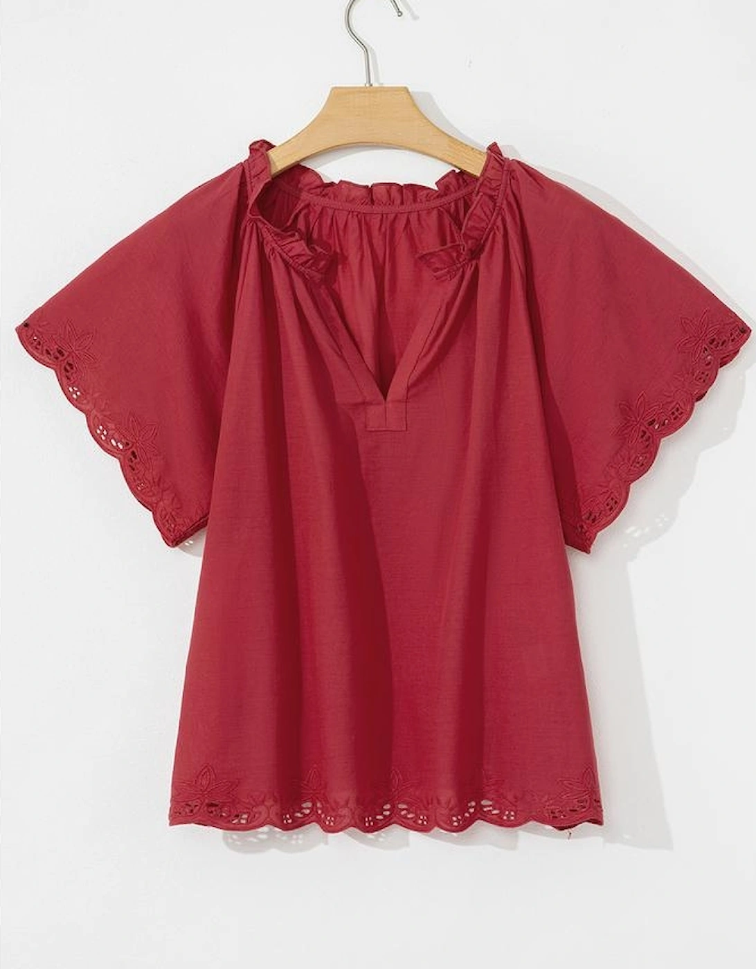 Red Dahlia Floral Embroidered Scallop Trim Short Sleeve V Neck Blouse