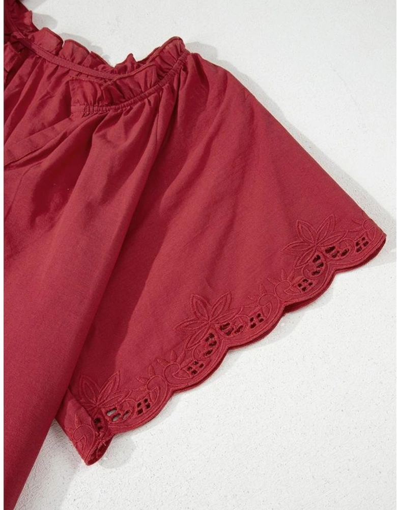 Red Dahlia Floral Embroidered Scallop Trim Short Sleeve V Neck Blouse