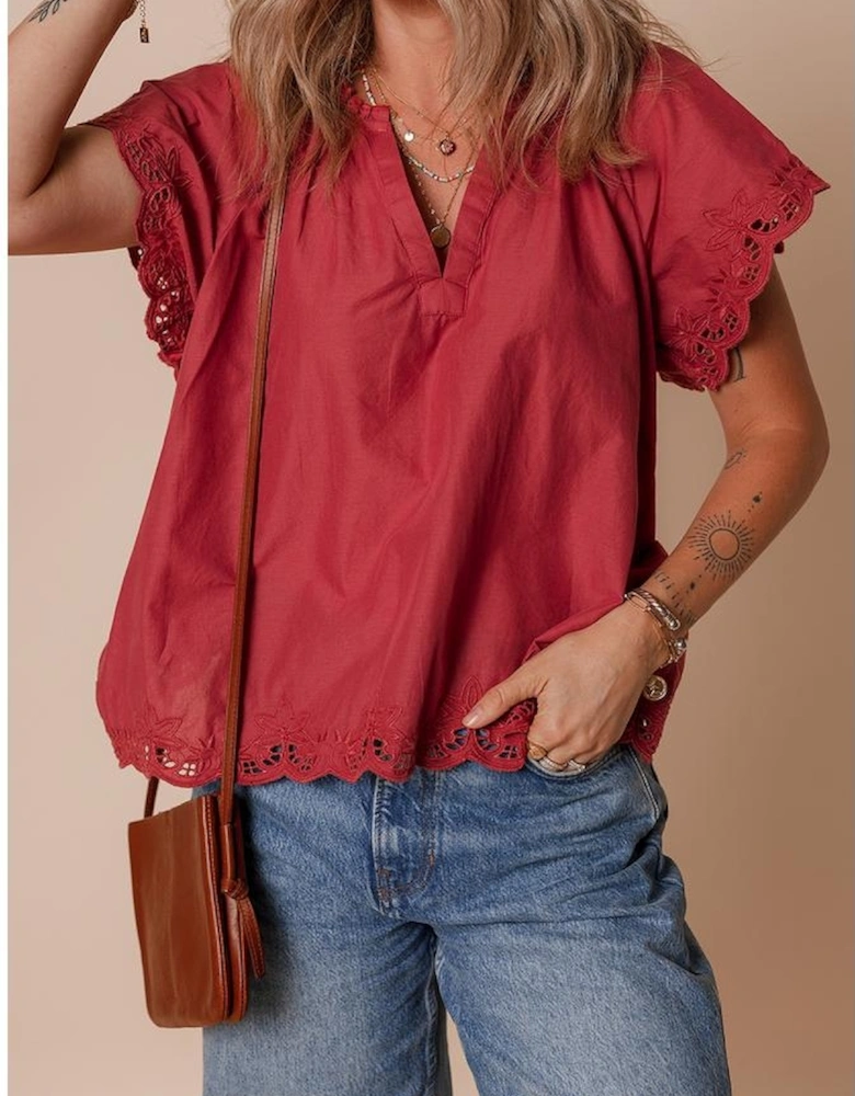 Red Dahlia Floral Embroidered Scallop Trim Short Sleeve V Neck Blouse