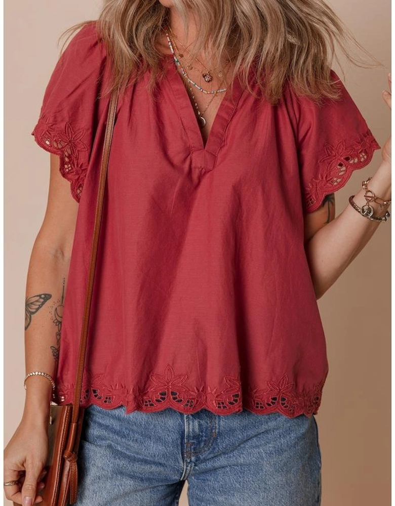 Red Dahlia Floral Embroidered Scallop Trim Short Sleeve V Neck Blouse