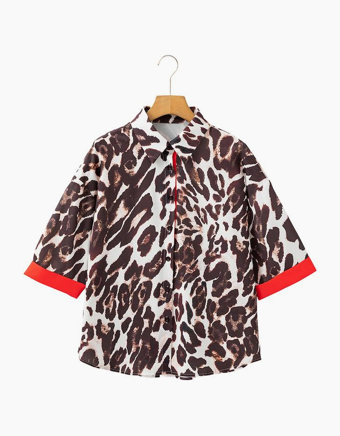 Dark Brown Contrast Trim Patchwork Leopard Print Half Sleeve Shirt