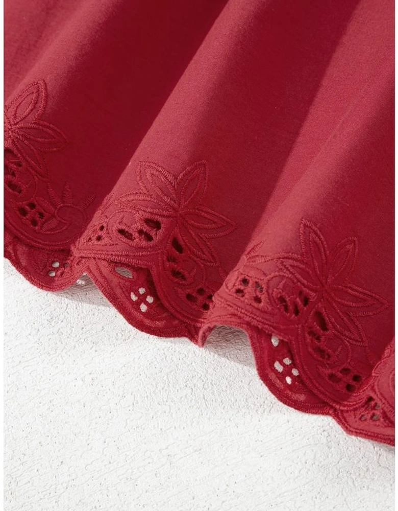 Red Dahlia Floral Embroidered Scallop Trim Short Sleeve V Neck Blouse