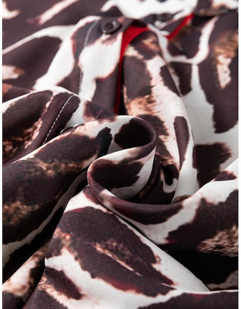 Dark Brown Contrast Trim Patchwork Leopard Print Half Sleeve Shirt