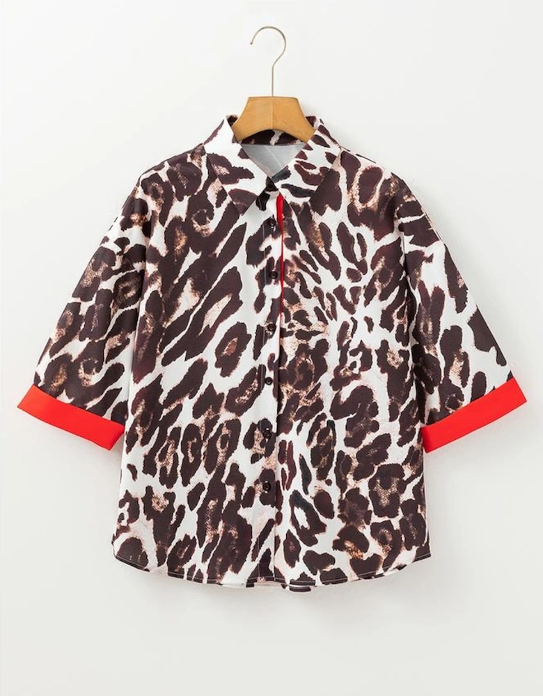 Dark Brown Contrast Trim Patchwork Leopard Print Half Sleeve Shirt