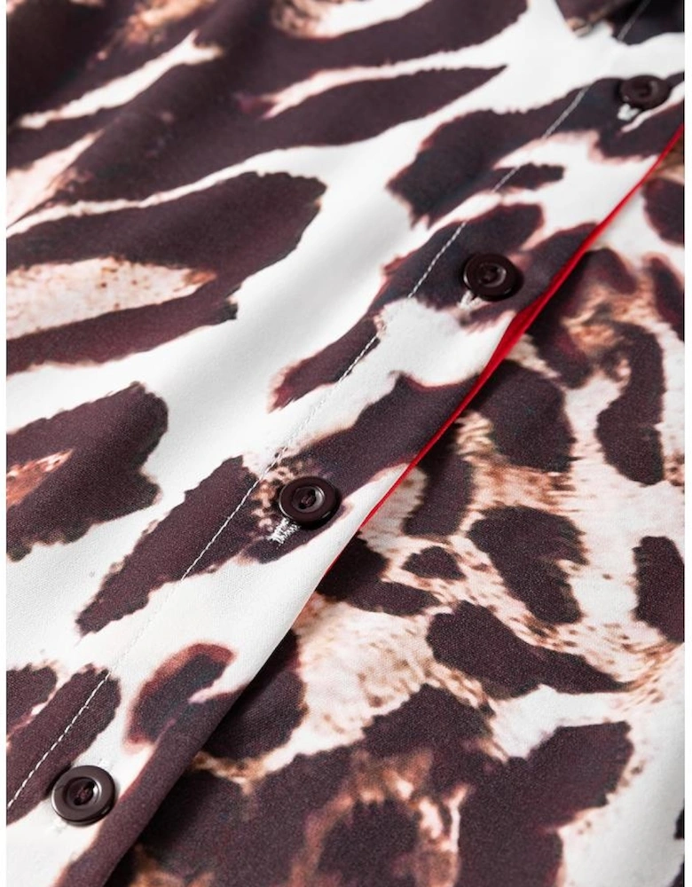 Dark Brown Contrast Trim Patchwork Leopard Print Half Sleeve Shirt