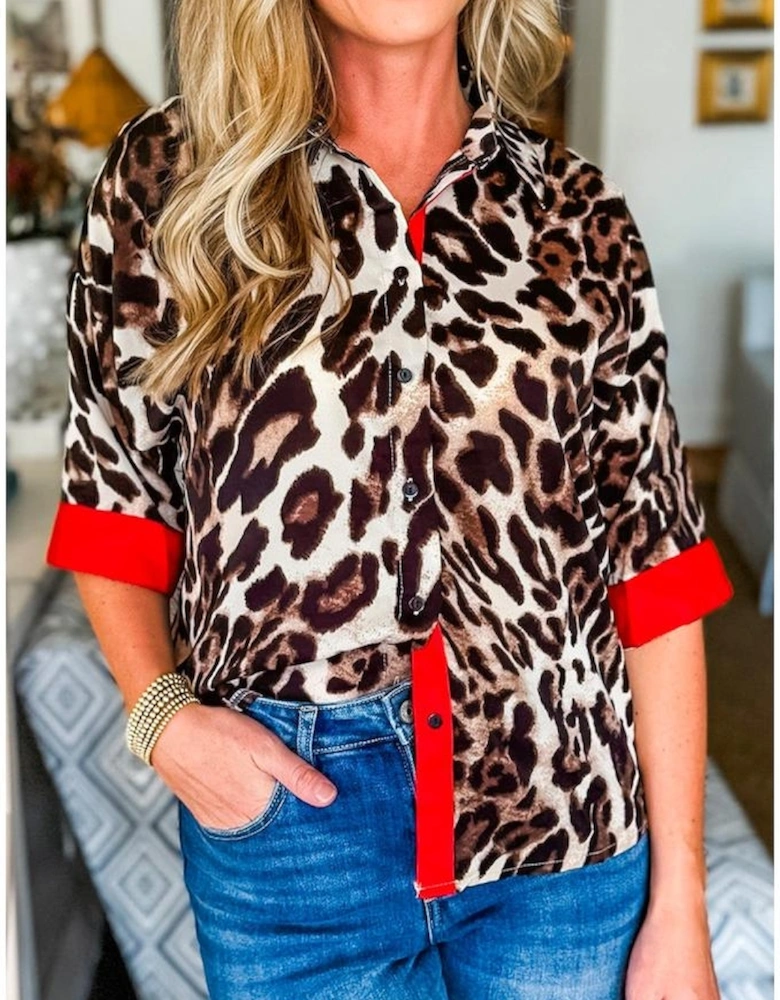 Dark Brown Contrast Trim Patchwork Leopard Print Half Sleeve Shirt