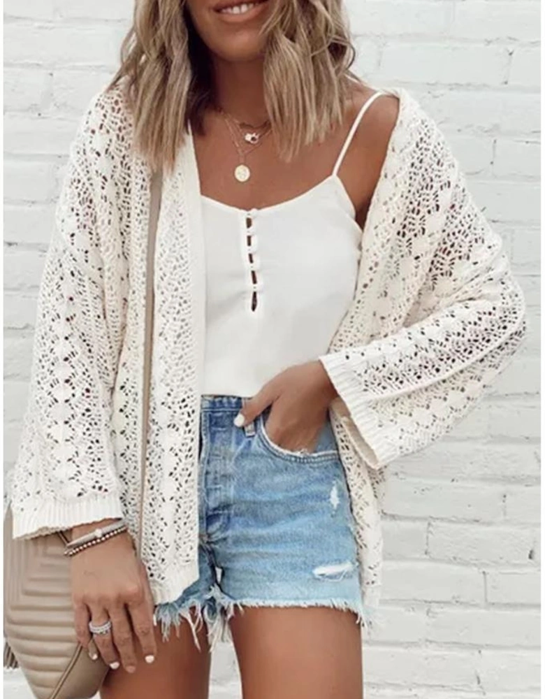 White Stylish Hollow Out Knit Drop Shoulder Cardigan