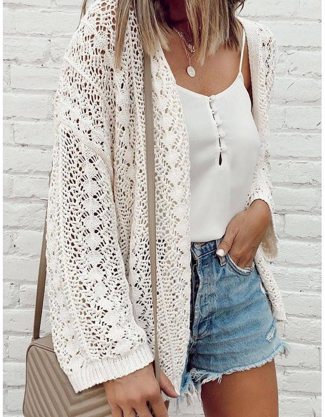 White Stylish Hollow Out Knit Drop Shoulder Cardigan