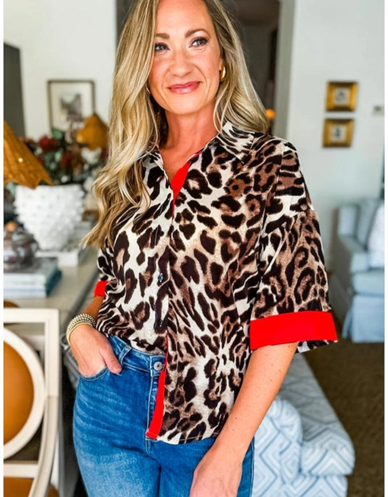 Dark Brown Contrast Trim Patchwork Leopard Print Half Sleeve Shirt