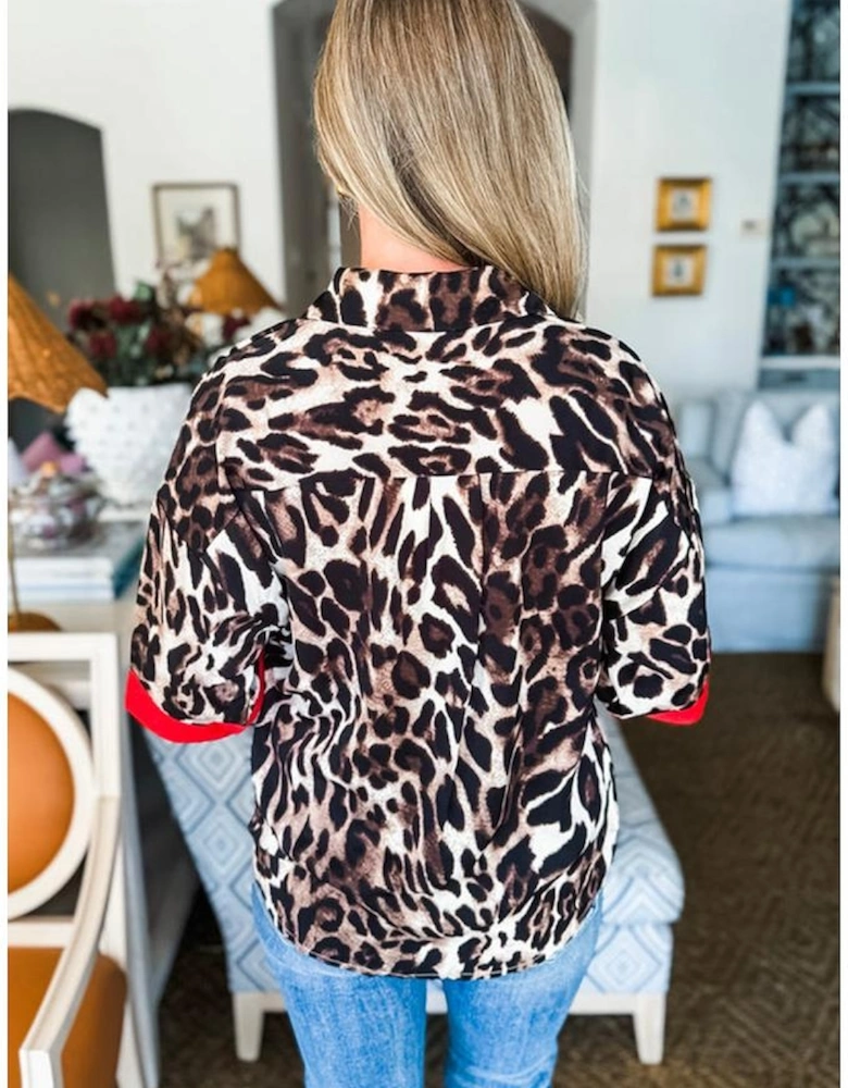 Dark Brown Contrast Trim Patchwork Leopard Print Half Sleeve Shirt
