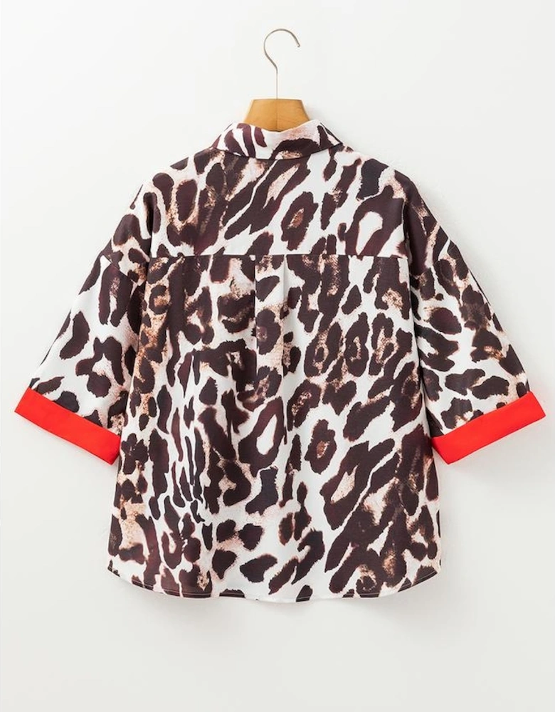 Dark Brown Contrast Trim Patchwork Leopard Print Half Sleeve Shirt