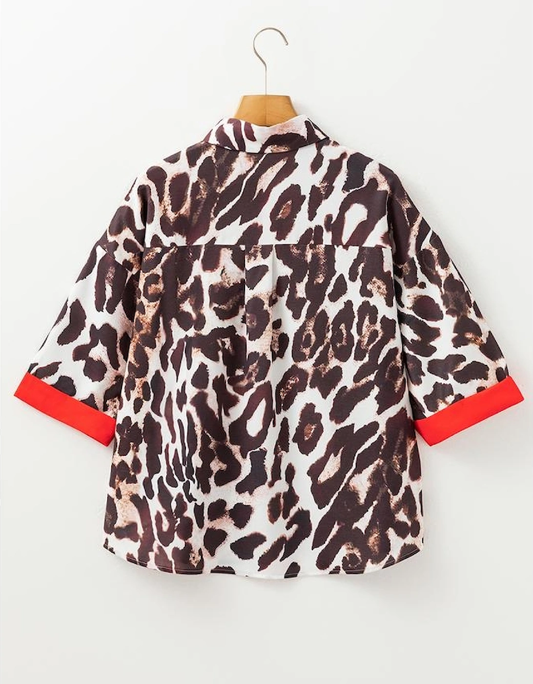 Dark Brown Contrast Trim Patchwork Leopard Print Half Sleeve Shirt