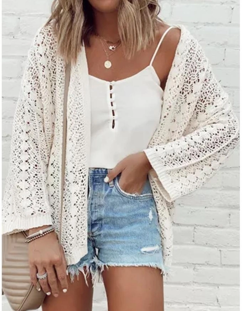 White Stylish Hollow Out Knit Drop Shoulder Cardigan