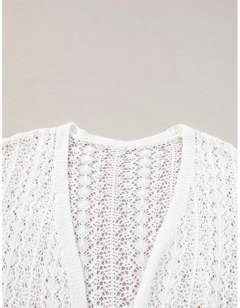 White Stylish Hollow Out Knit Drop Shoulder Cardigan