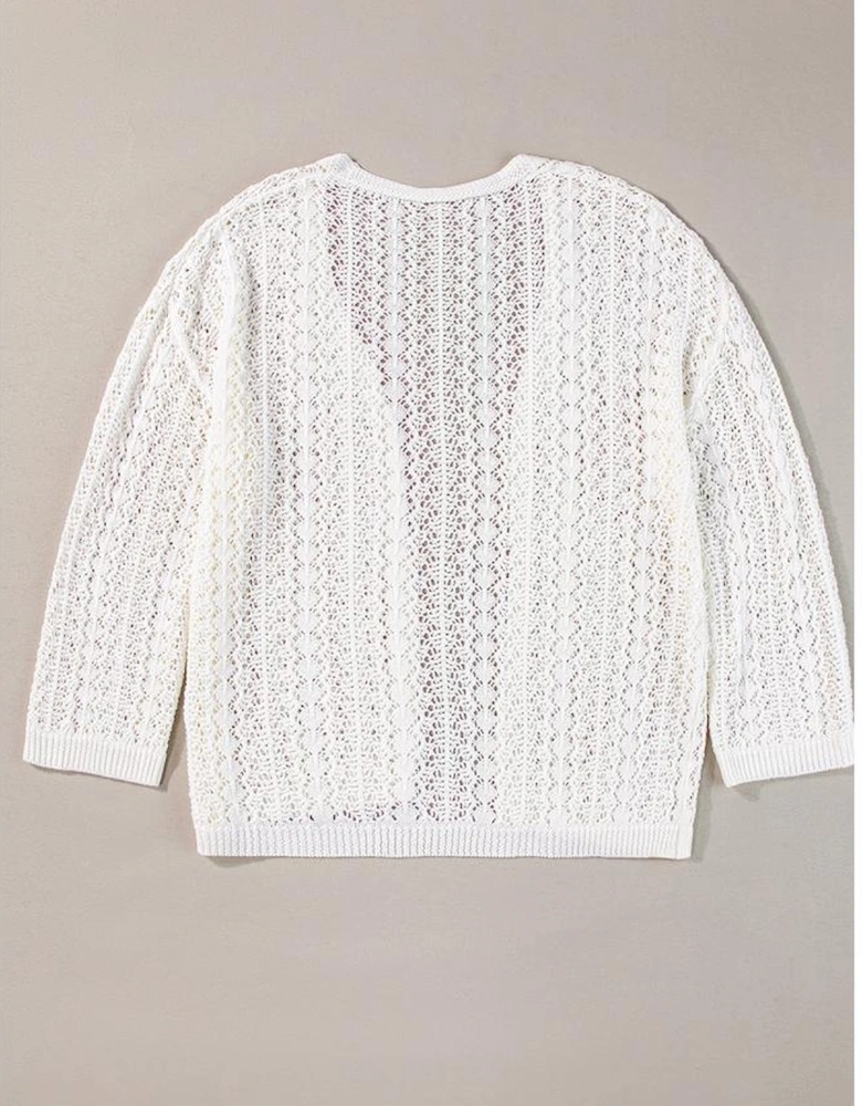 White Stylish Hollow Out Knit Drop Shoulder Cardigan