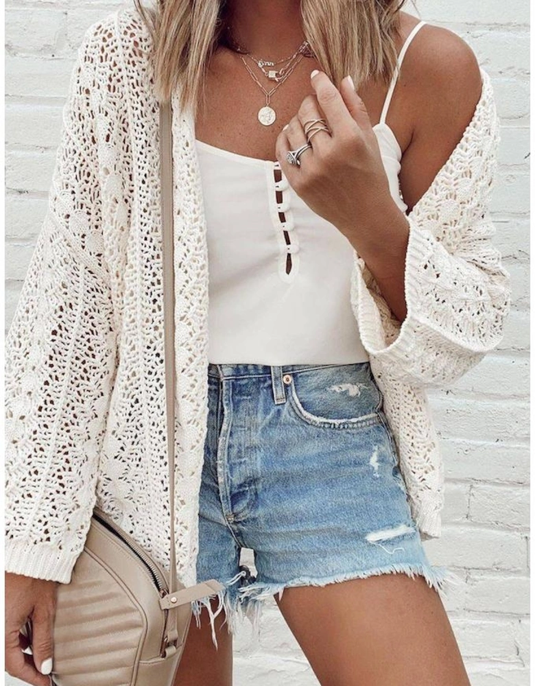 White Stylish Hollow Out Knit Drop Shoulder Cardigan