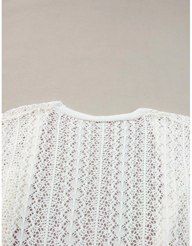 White Stylish Hollow Out Knit Drop Shoulder Cardigan