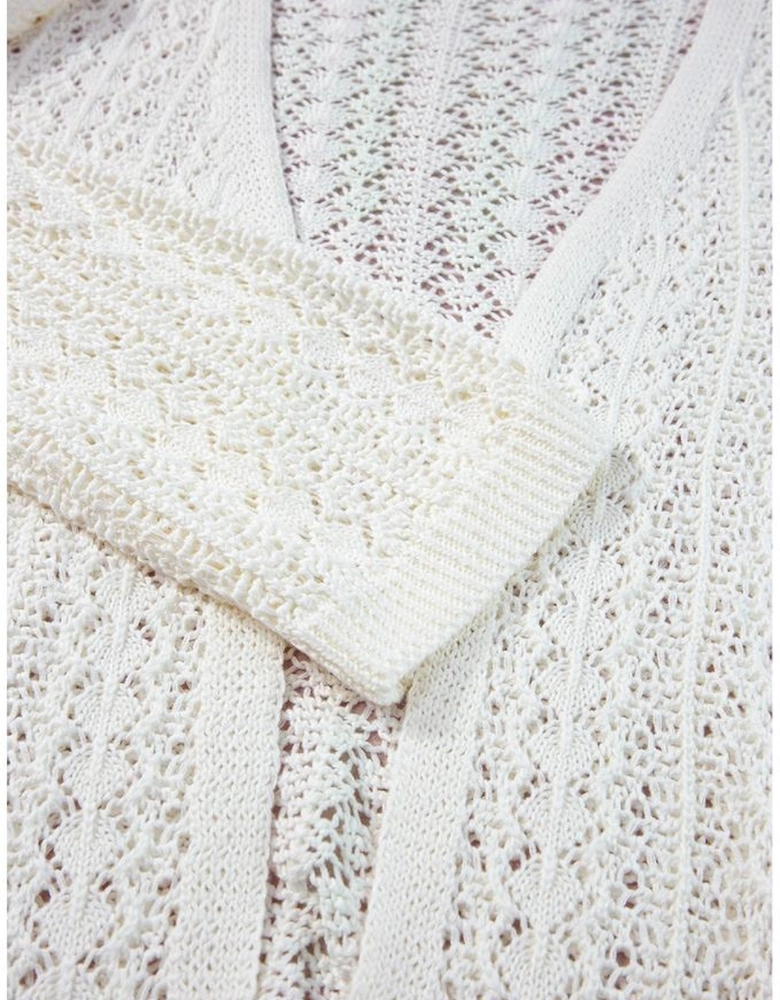 White Stylish Hollow Out Knit Drop Shoulder Cardigan