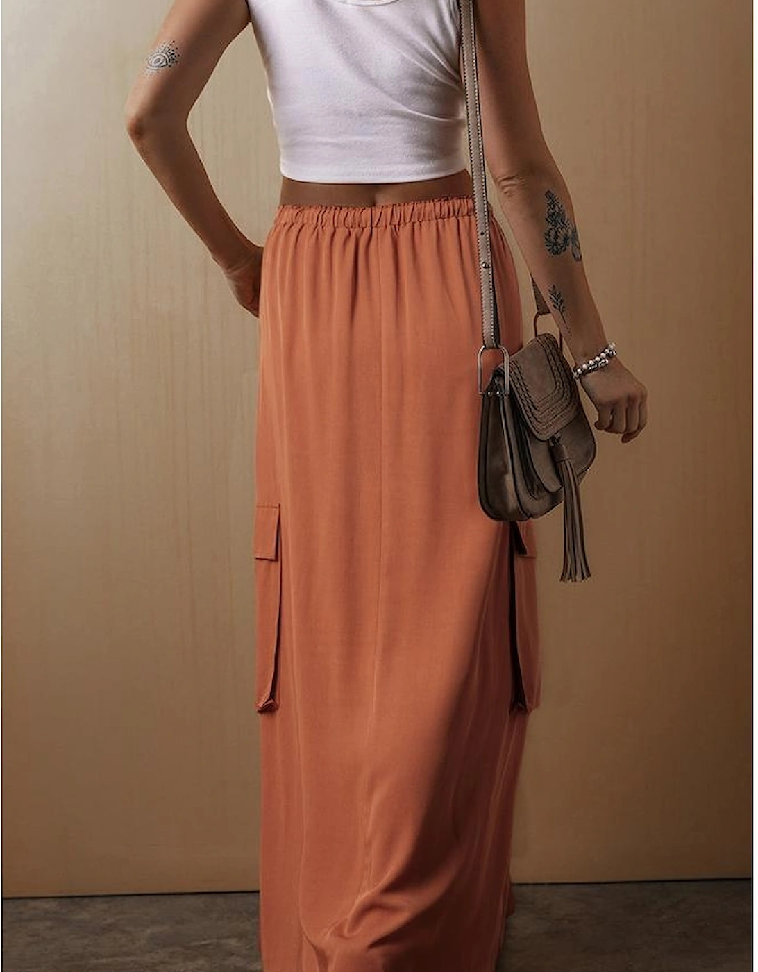 Chestnut Mineral Wash Cargo Pocket Drawstring Waist Maxi Skirt, 11 of 10