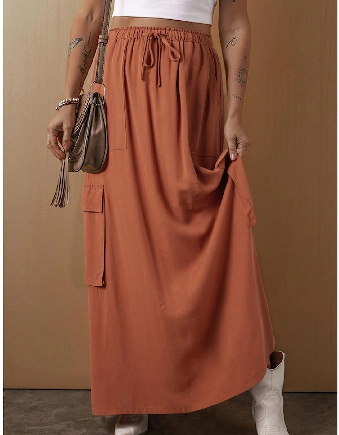 Chestnut Mineral Wash Cargo Pocket Drawstring Waist Maxi Skirt