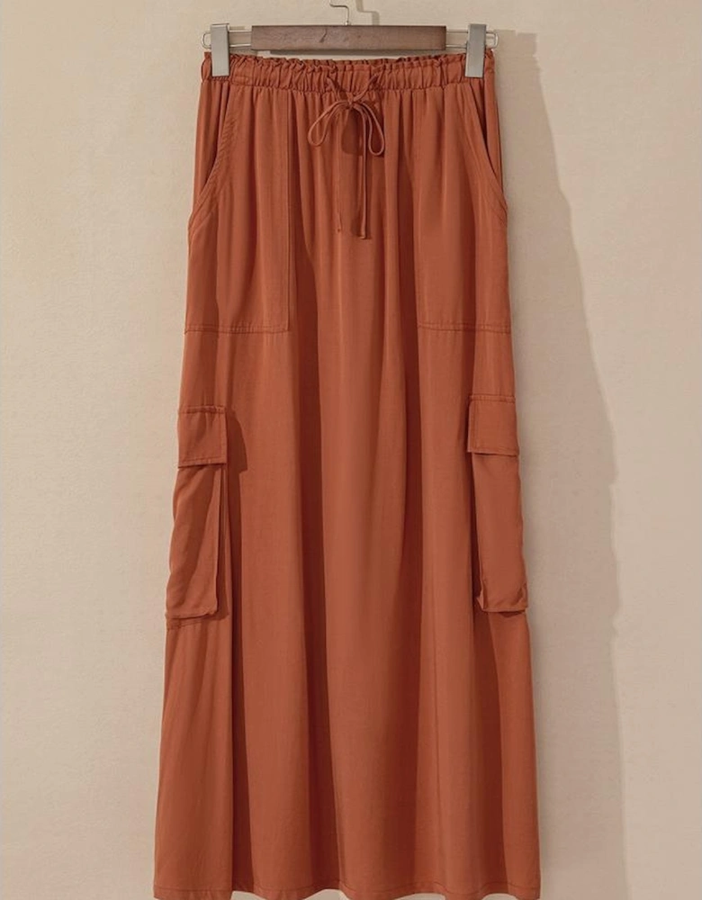 Chestnut Mineral Wash Cargo Pocket Drawstring Waist Maxi Skirt