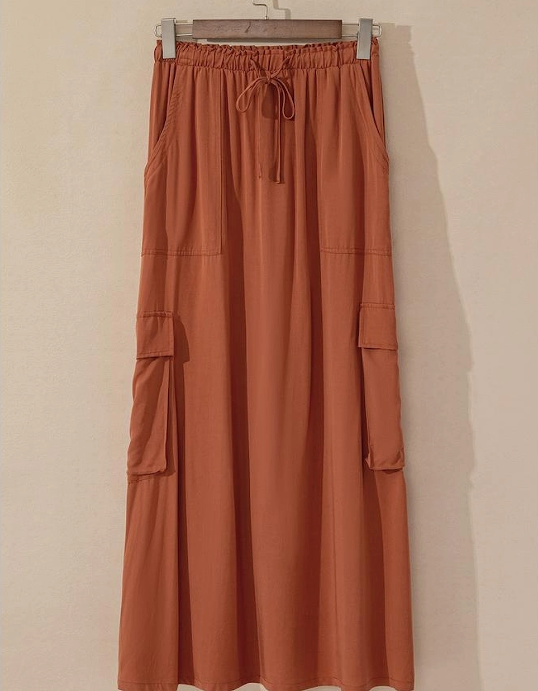 Chestnut Mineral Wash Cargo Pocket Drawstring Waist Maxi Skirt