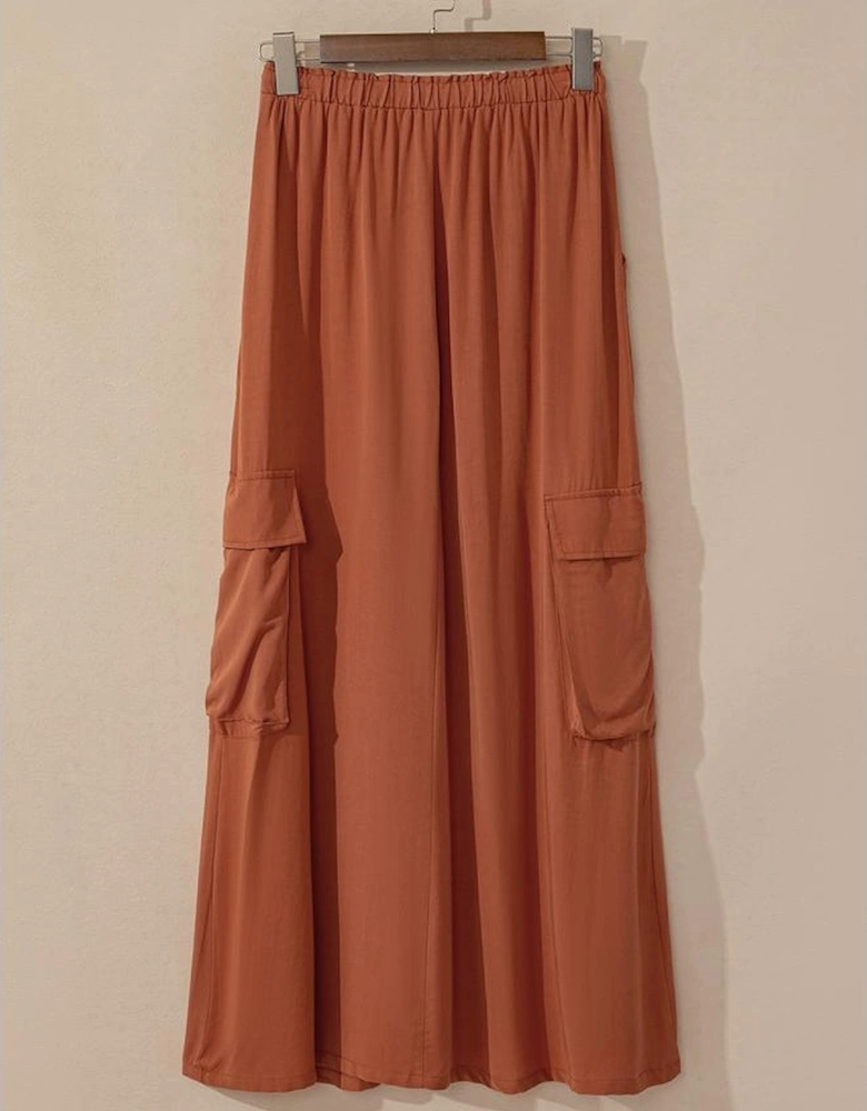 Chestnut Mineral Wash Cargo Pocket Drawstring Waist Maxi Skirt