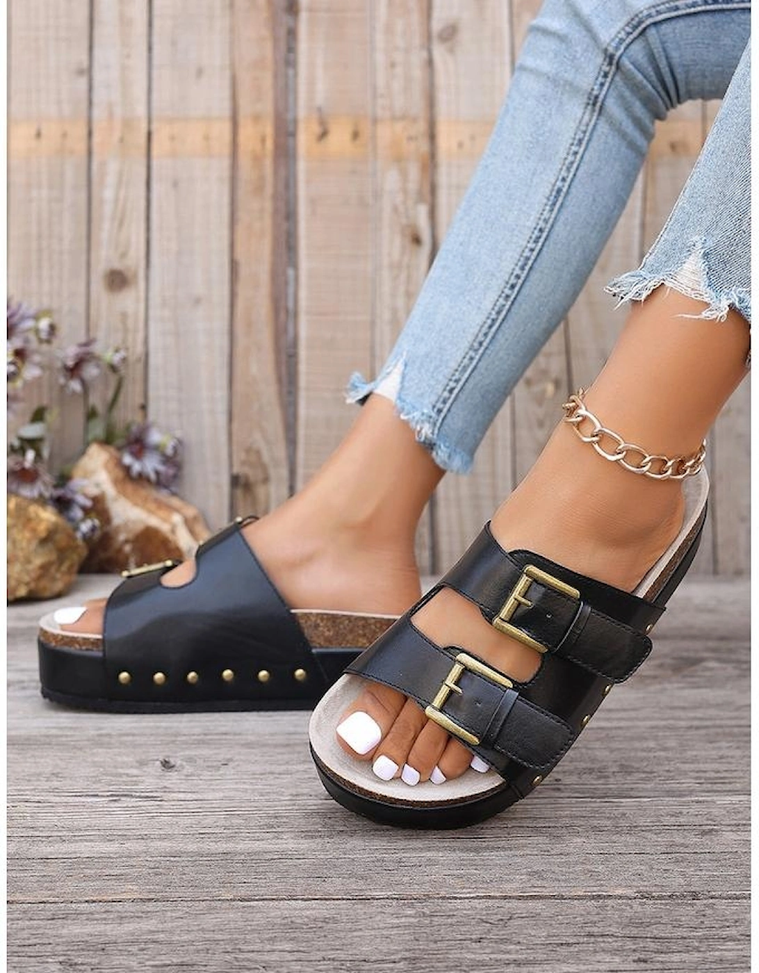 Black Dual Buckle Studded Platform Sandal Slippers